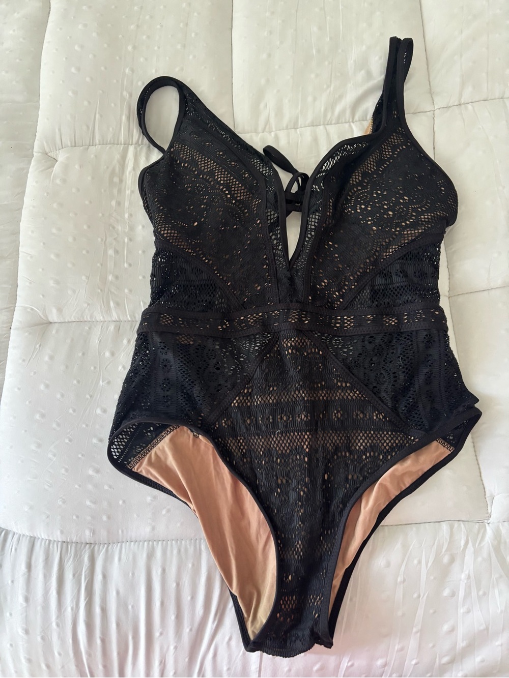 BECCA Black Lace One-Piece Swimsuit with Nude Lining